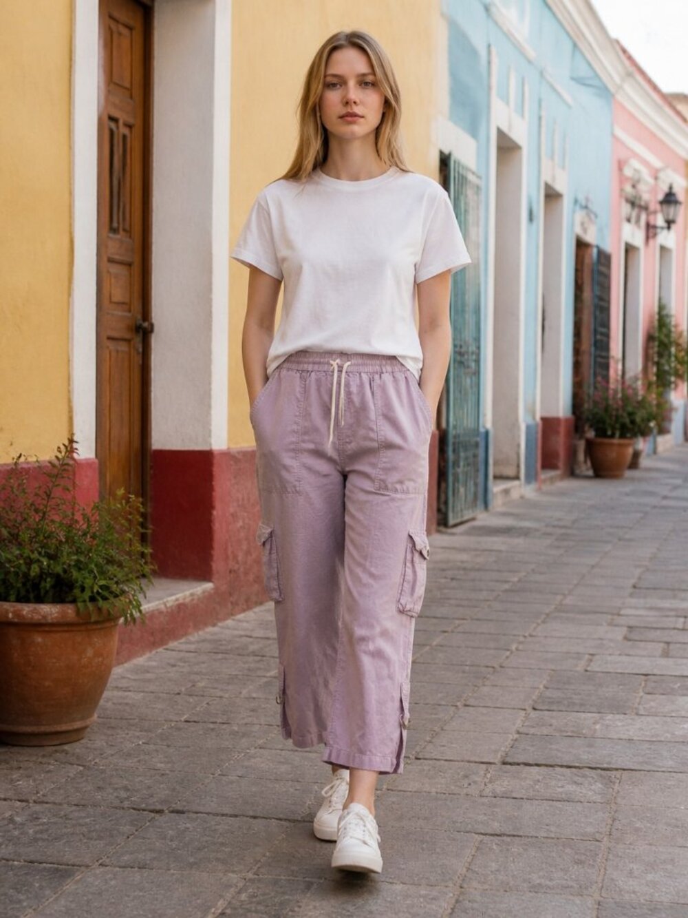 Nicole Miller Lilac Linen Wide Leg Cargo Pants Drawstring Coastal Gorpcore Sz M